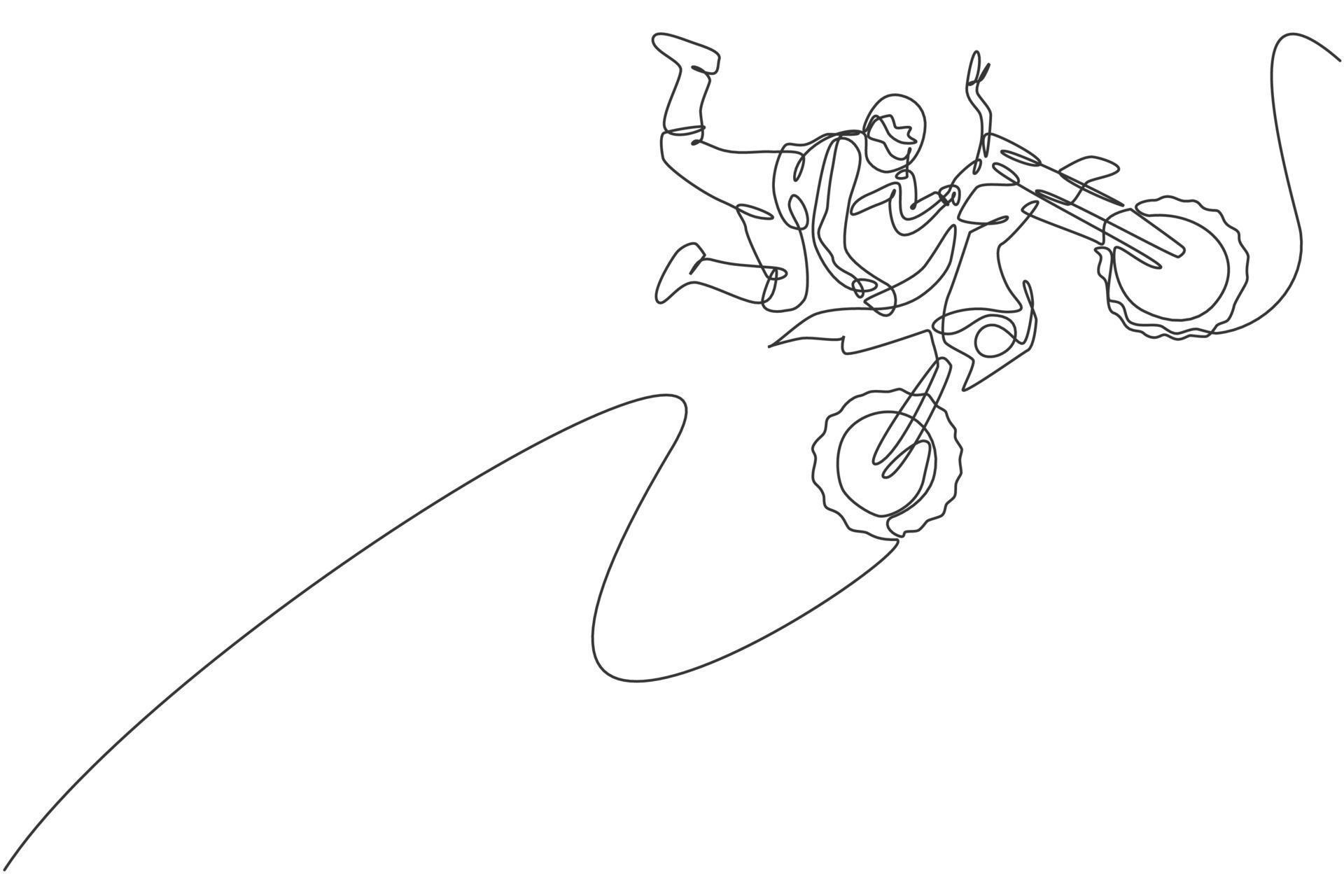 desenho de uma linha contínua jovem piloto de motocross monta moto de  motocross. competição de motocross. enduro, esporte radical de motocross  freestyle. ilustração gráfica de vetor de desenho de linha única 23658895