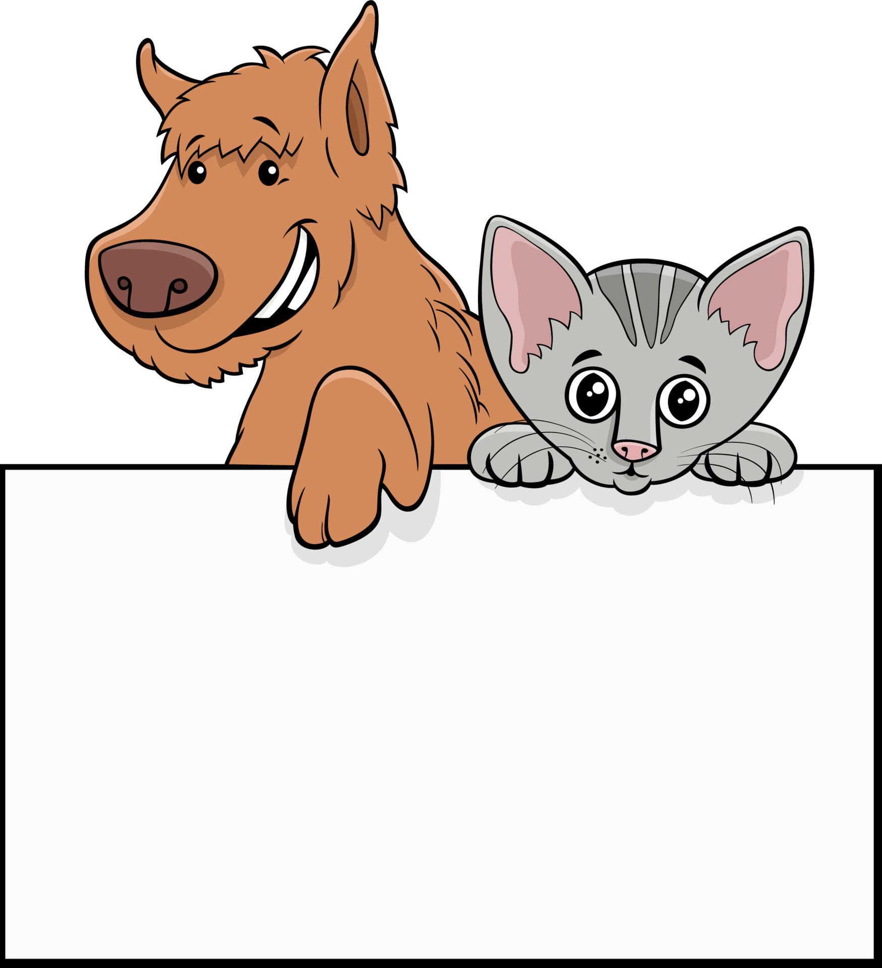 gato e cachorro dos desenhos animados com design gráfico de placa em branco  7456157 Vetor no Vecteezy
