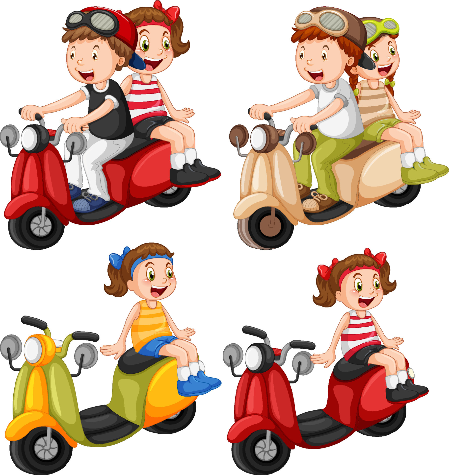 Conjunto de vetores de bicicleta, scooter e motos dos desenhos animados