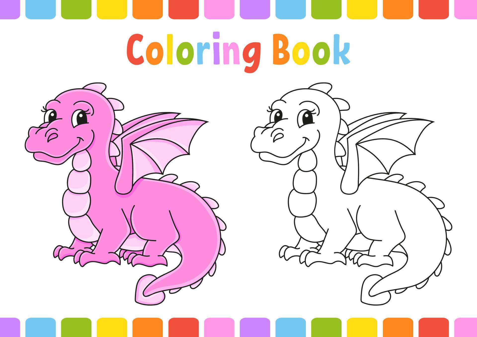 Reino mágico para colorir para crianças com dragão, fogo. ilustração de  contorno de conto de fadas vetorial com criatura de fantasia fofa. livro de  cores para crianças com exemplo colorido. planilha de