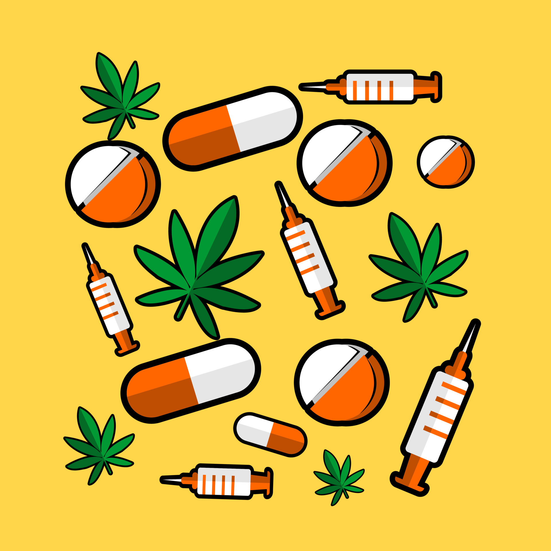 Desenhos animados comprimidos e medicamentos, drogas personagens engraçados