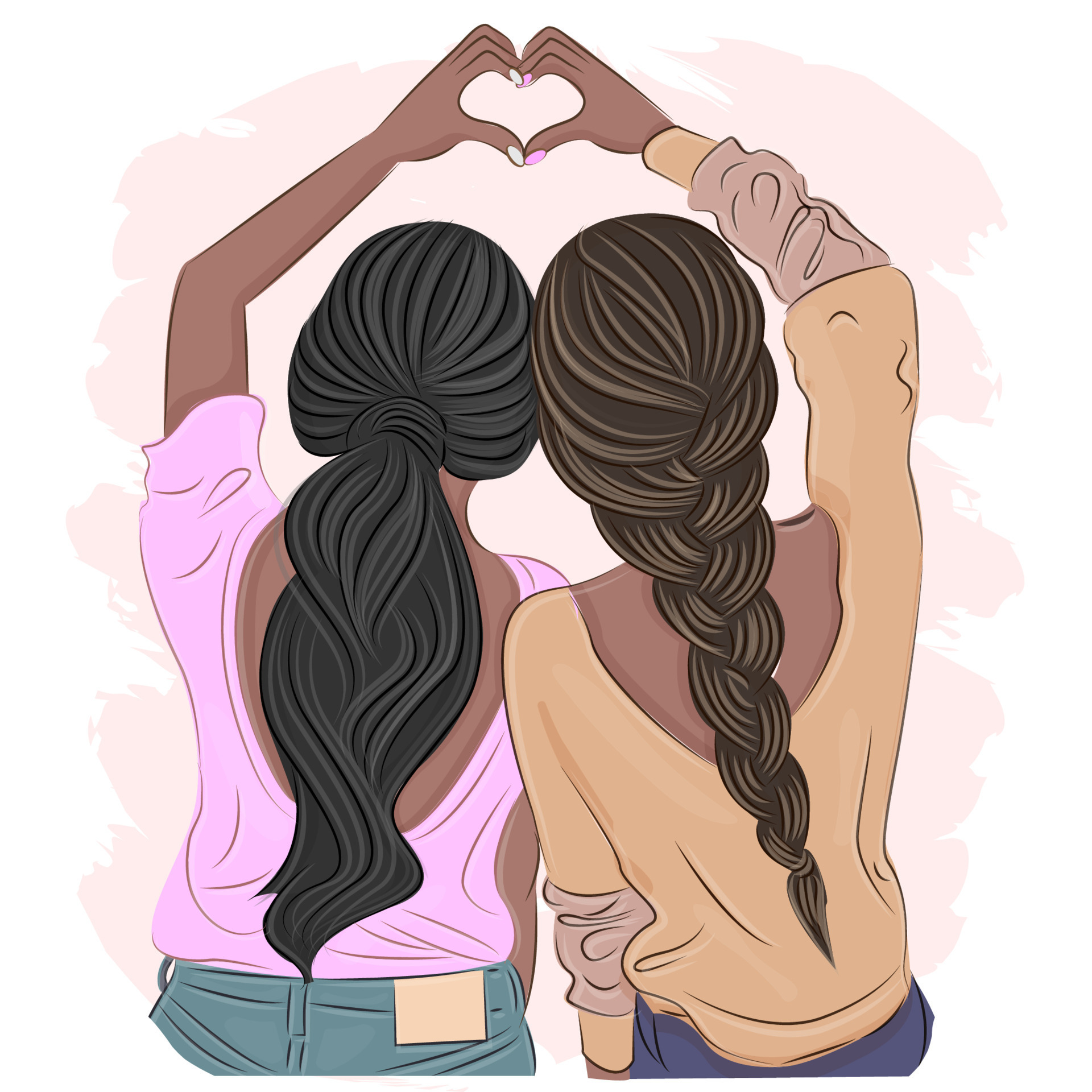 Garotas bonitas fazem coração com a mão. desenho de cabelo bonito. conceito  de amizade feliz. isolado plano.