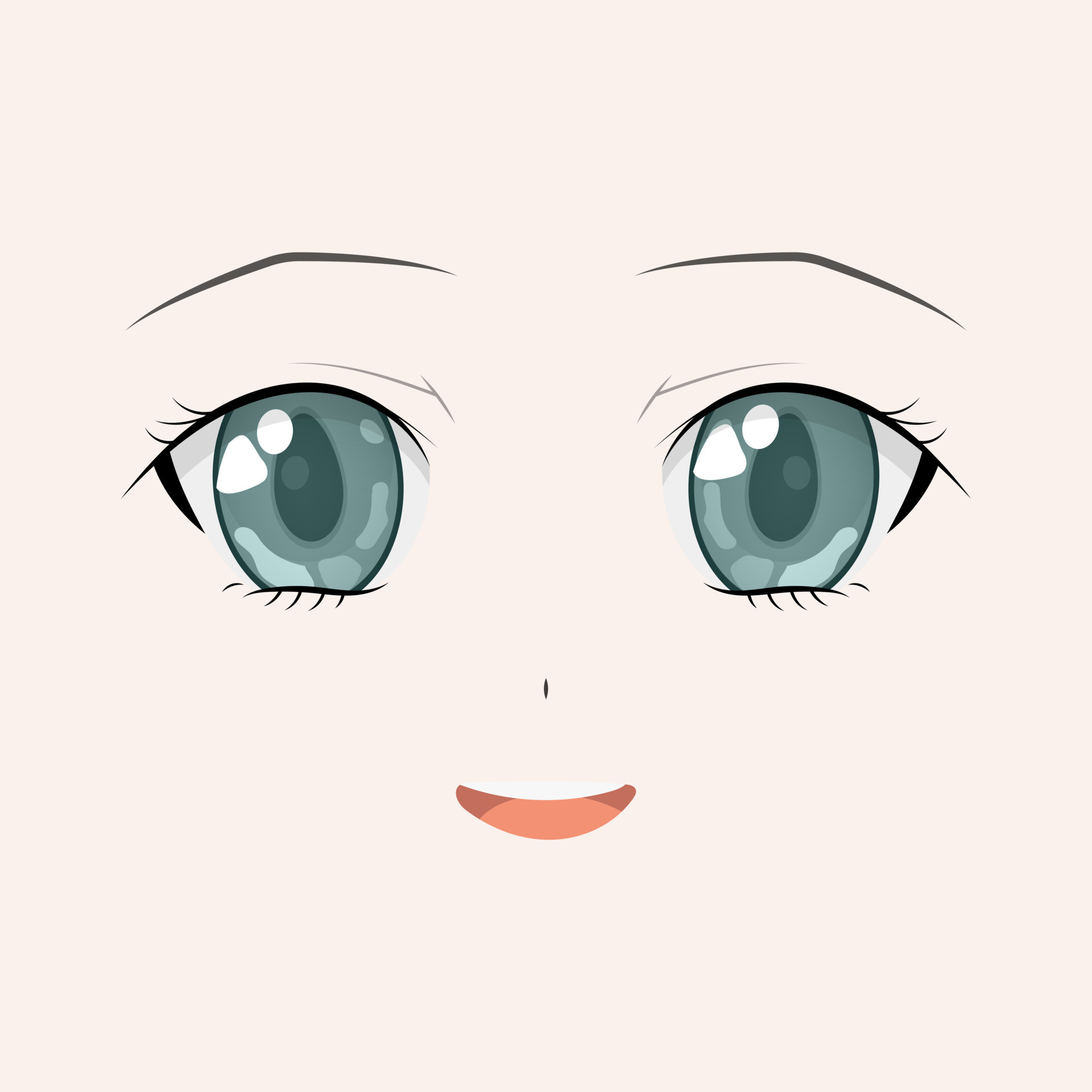 Cara de anime feliz. olhos fechados estilo mangá, nariz pequeno e boca  kawaii. mão-extraídas ilustração vetorial. isolado no branco