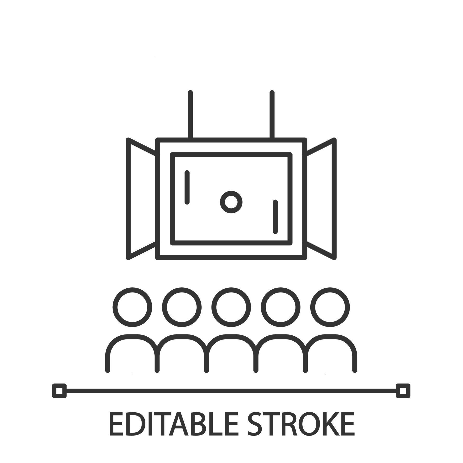 ícone linear de esports. jogos eletronicos. competição multijogador.  trabalho em equipe. e streaming de esportes. tela grande e platéia. ícone  de linha fina. símbolo de contorno. desenho de contorno isolado de vetor.