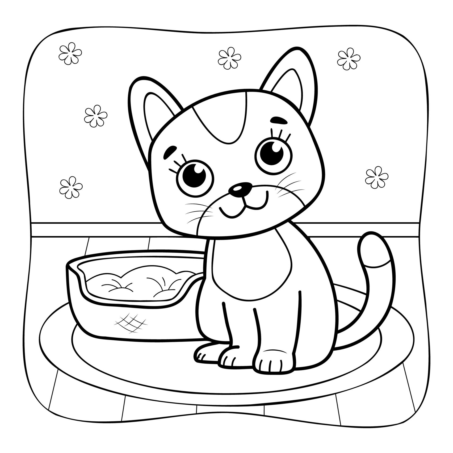 livro de colorir infantil contorno de gato fofo, livro de desenho de linha  preta sobre fundo branco 6428544 Vetor no Vecteezy