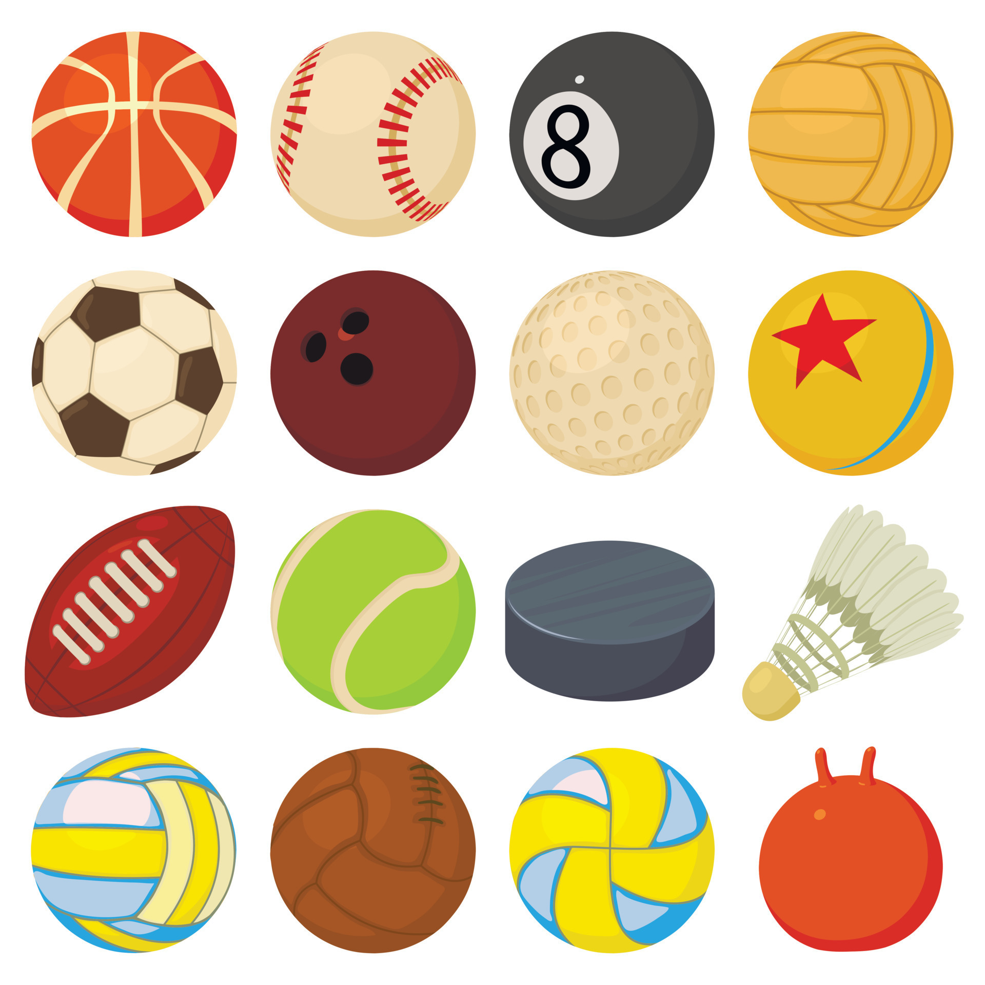 ícones de bolas esportivas definem tipos de jogo, estilo de desenho animado  8558039 Vetor no Vecteezy