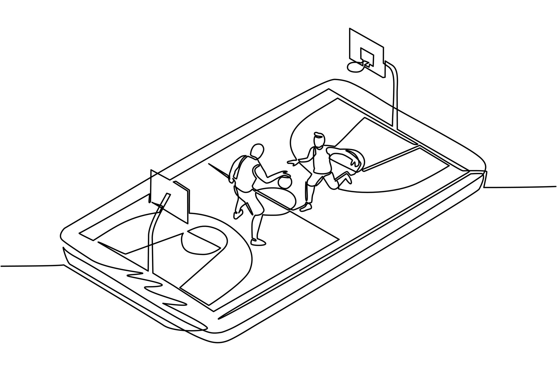 smartphone de desenho de linha contínua com quadra de basquete de  aplicativo e bola de basquete.