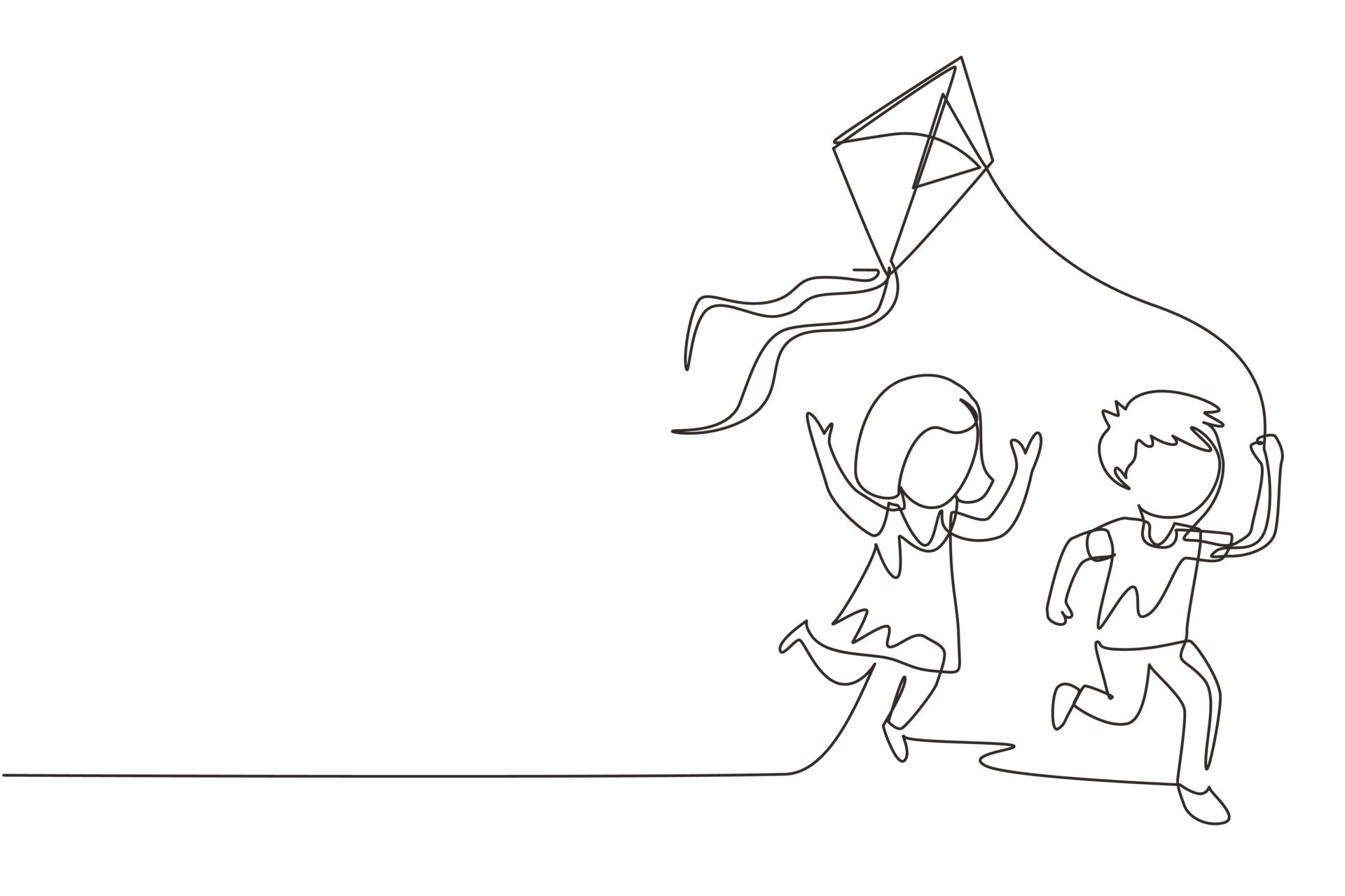uma única linha desenhando duas garotas jogando para empinar pipa no céu no  campo ao ar