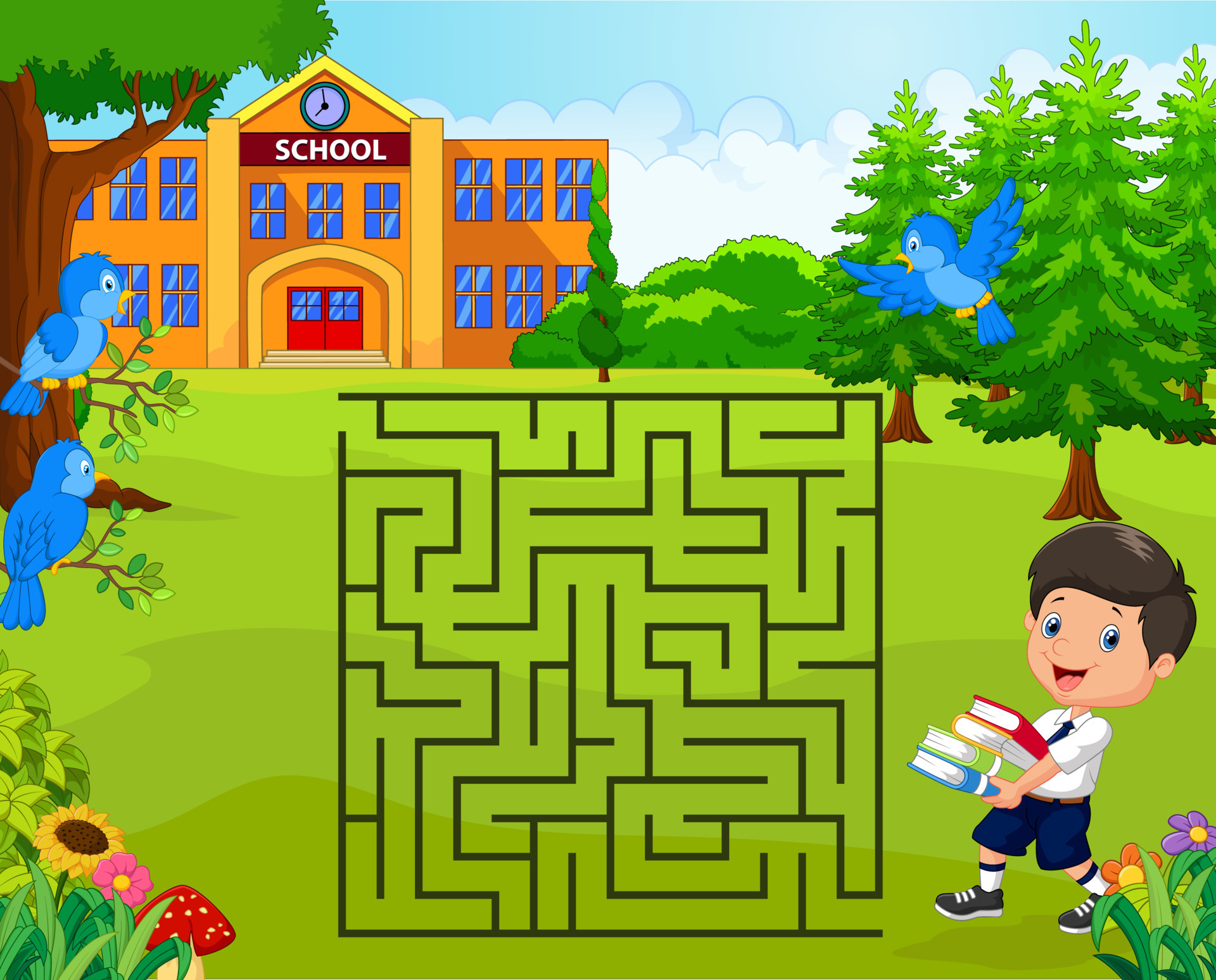 ajude o menino a encontrar sua escola, jogo de labirinto 8733492 Vetor no  Vecteezy