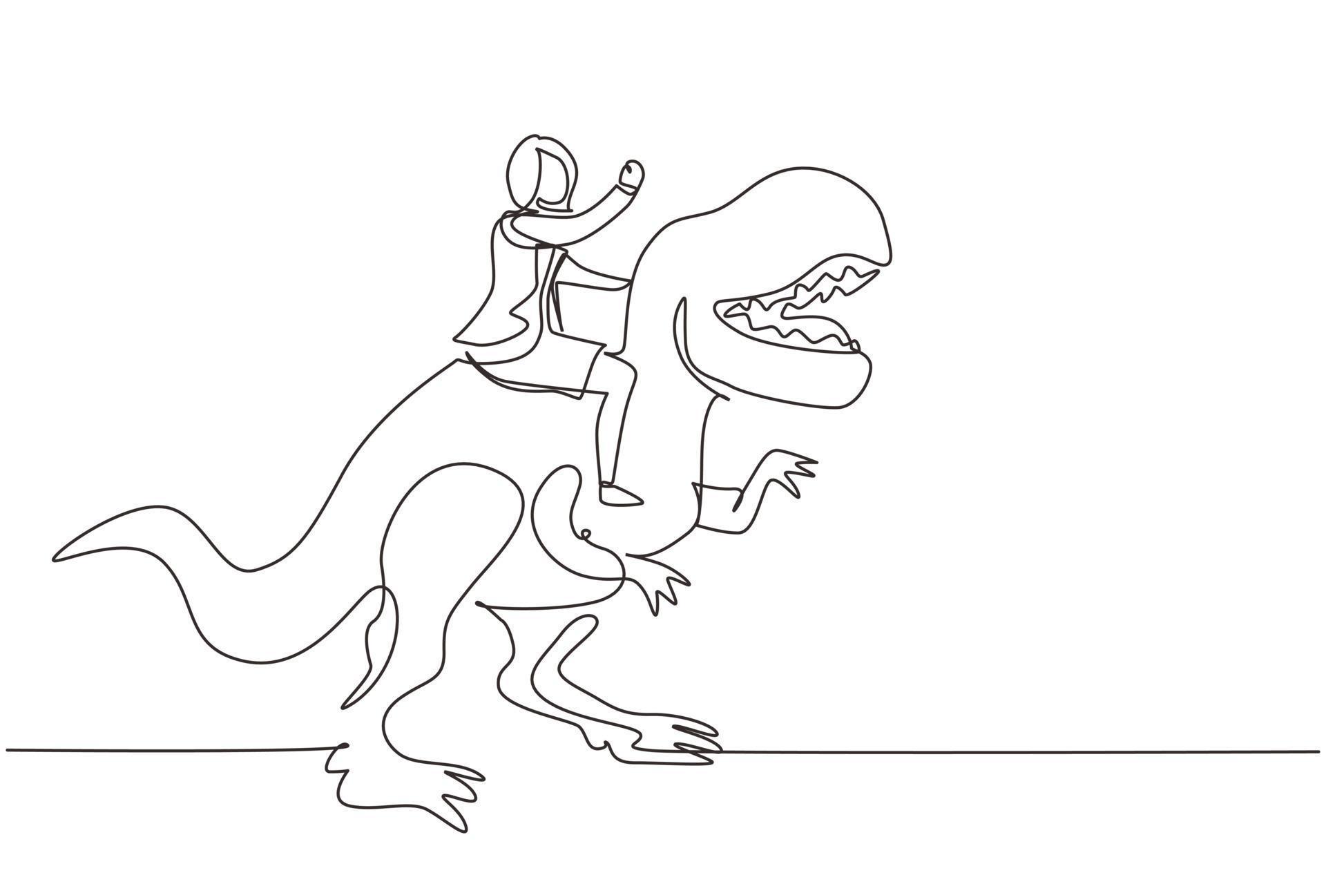 única linha contínua desenho menina caveman montando t-rex