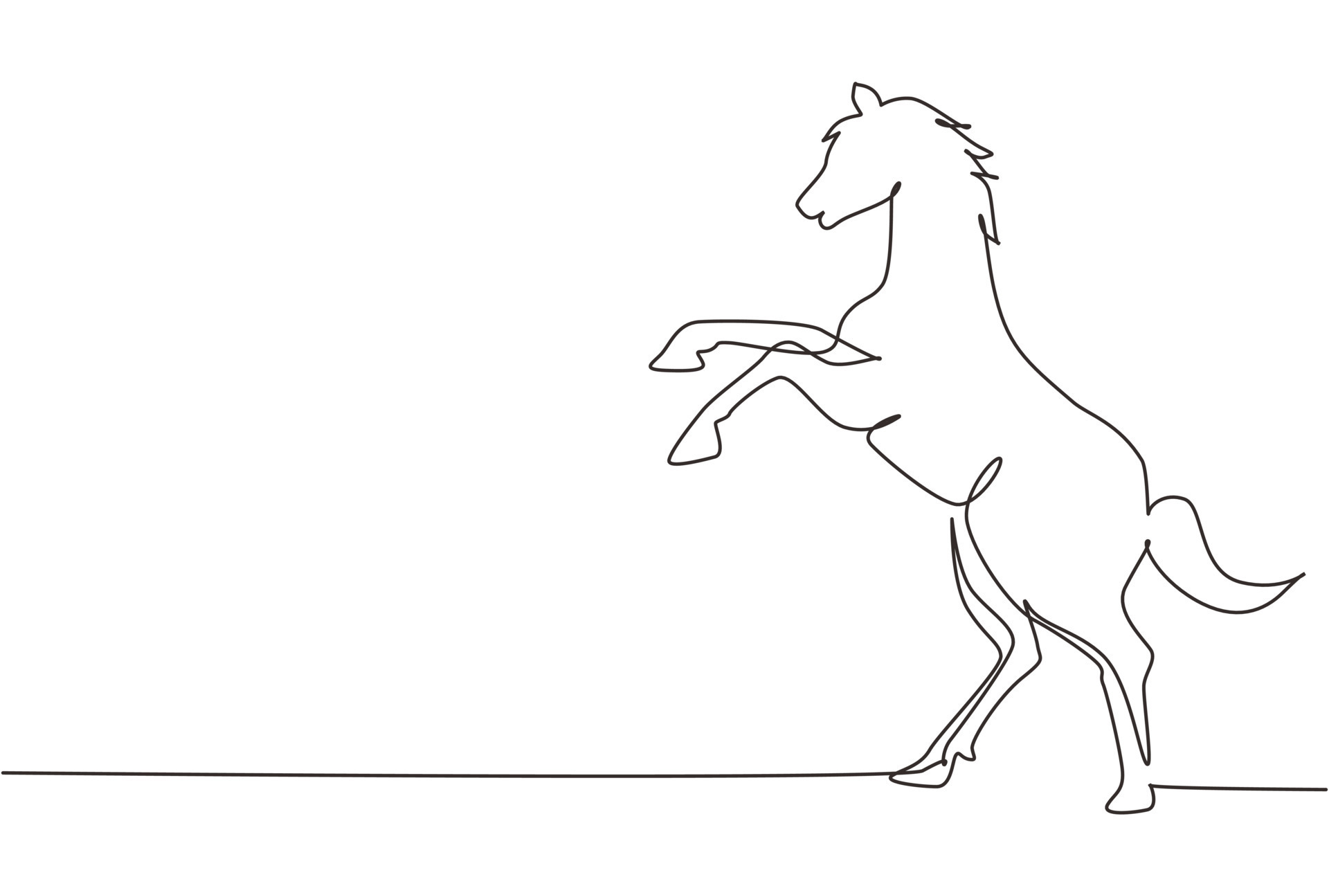 único desenho de uma linha, o cavalo branco orgulhoso anda graciosamente  com o casco dianteiro para a frente. Mustang selvagem galopa na natureza  livre. mascote animal forte. vetor gráfico de design de