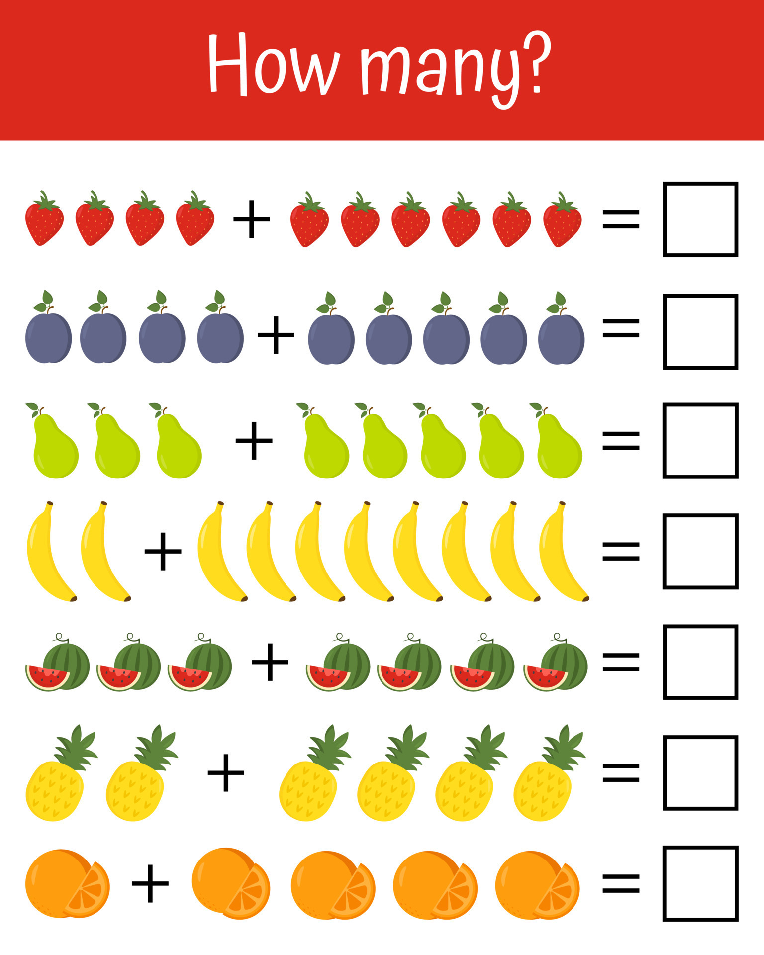 planilha para crianças da escola. jogo de matemática com frutas