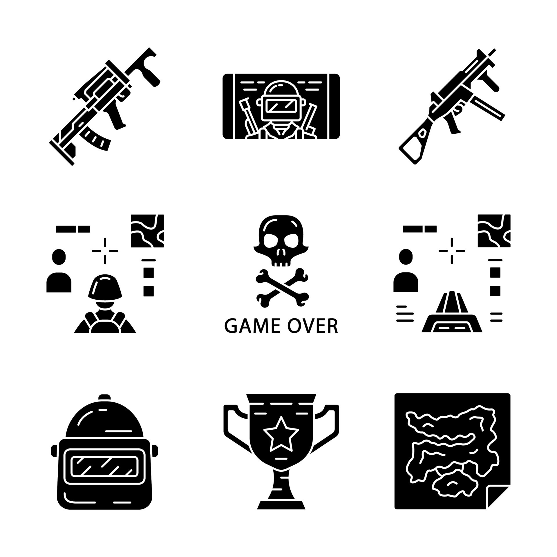 conjunto de ícones de glifo de inventário de jogos online. esports. arma,  arma, 3d e de tiro em primeira pessoa, game over, mapa, troféu, capacete,  jogo para celular. símbolos de silhueta. ilustração