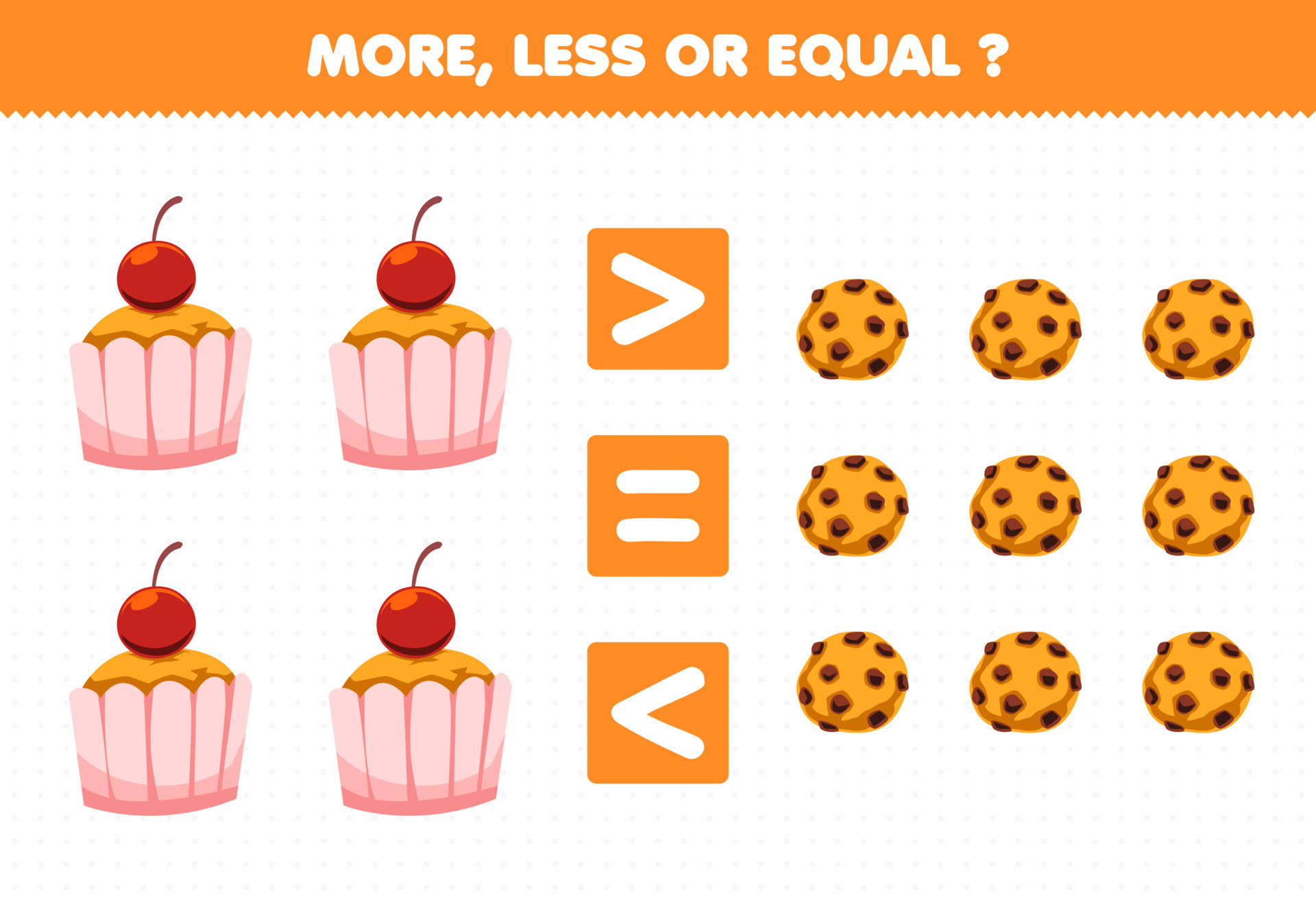 jogo de educação para crianças mais menos ou igual conte a quantidade de  bolinho de rosquinha de muffin de comida de desenho animado e depois corte  e cole o sinal correto 9954518