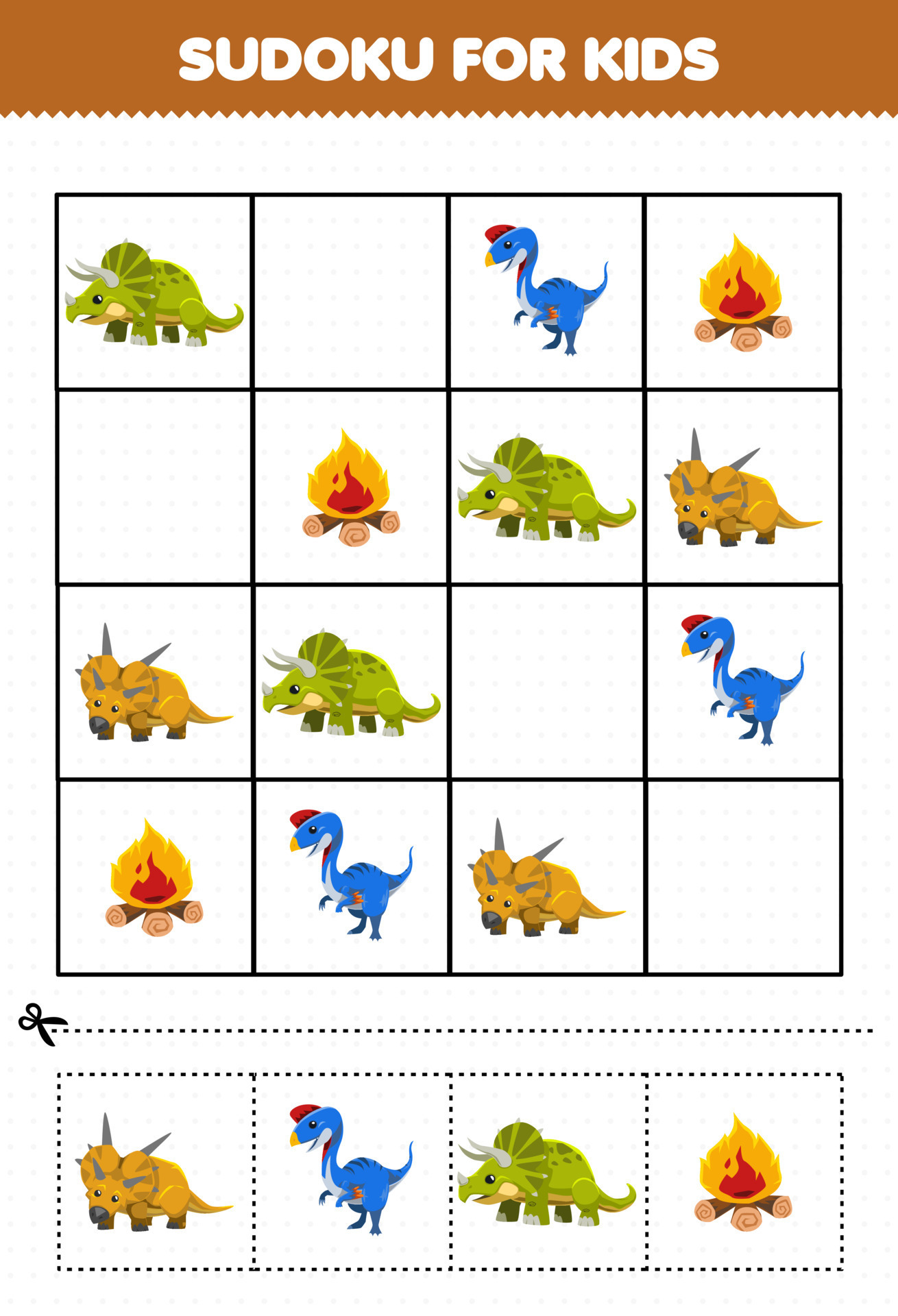 Jogo de educação para crianças sudoku fácil para crianças com dinossauro  azul bonito dos desenhos animados, planilha de dinossauro pré-histórico  imprimível