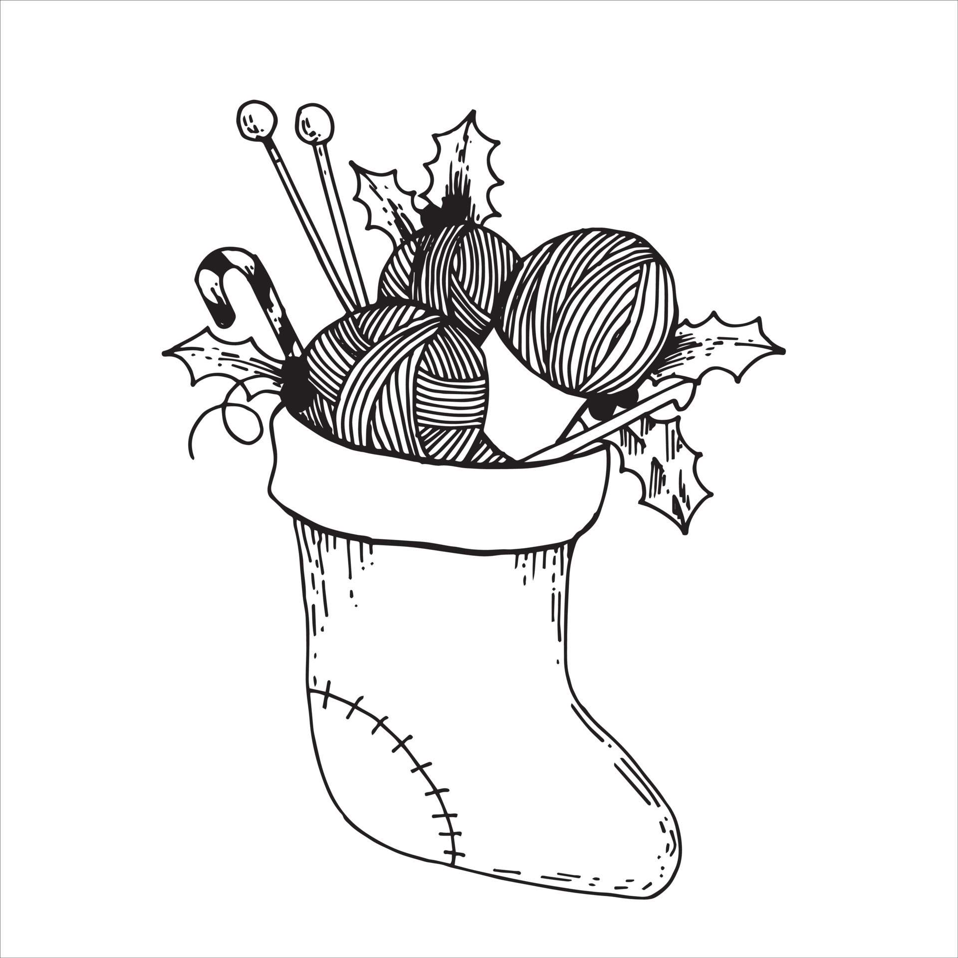 ilustração vetorial em estilo doodle. meia de natal com fios de presentes,  agulhas de tricô, agulha de crochê. presente para o ano novo e natal,  símbolo de tricô, crochê, bordado, feito à