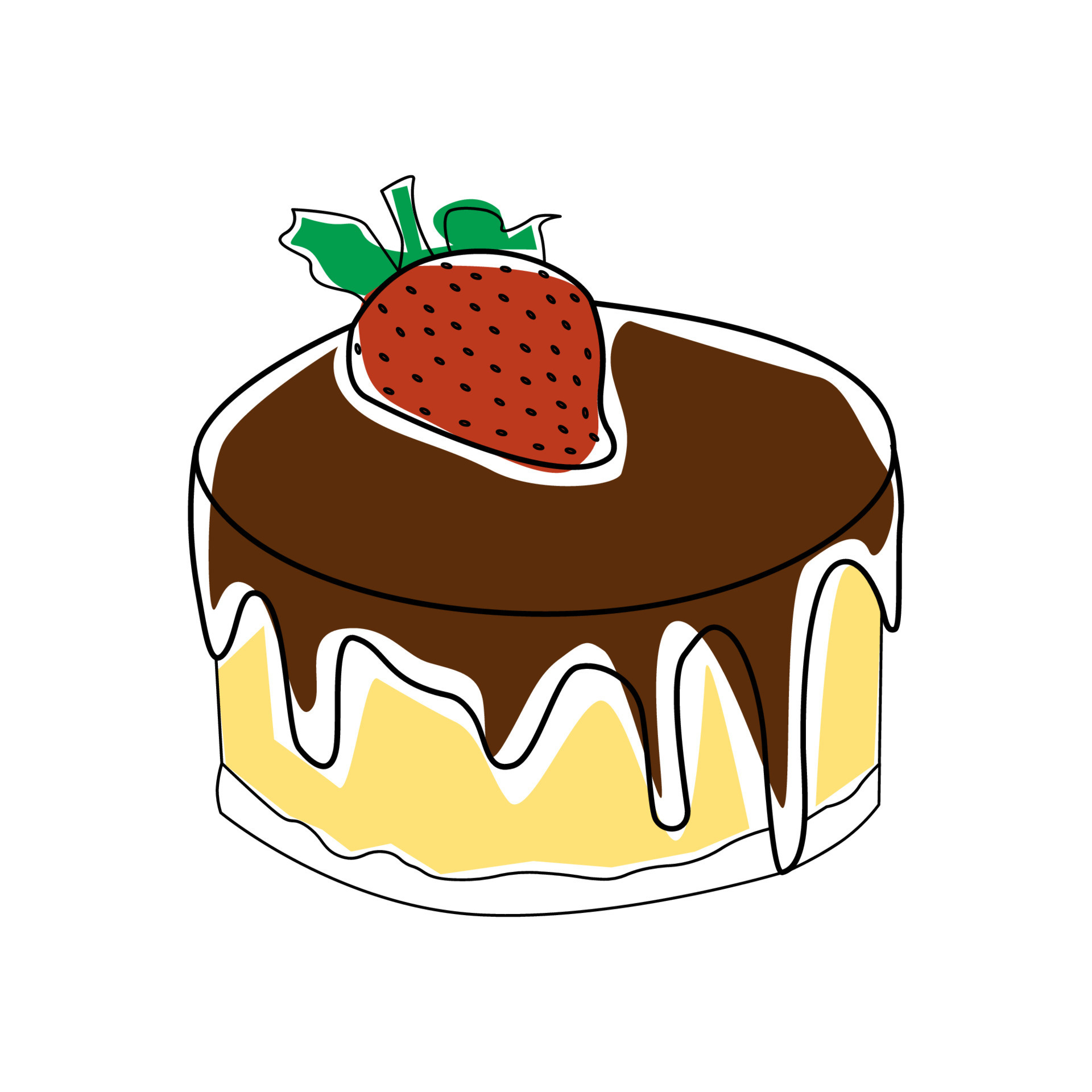 Um bolo de chocolate de desenho animado com um morango no topo.