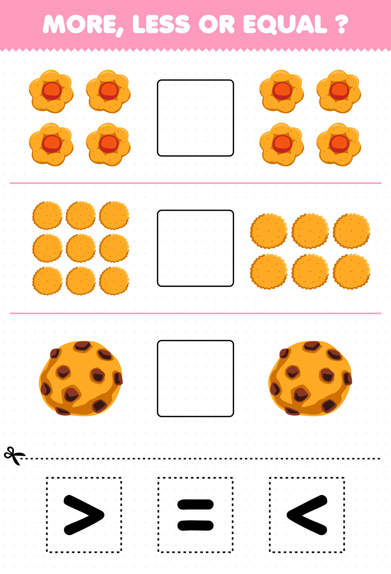 jogo de educação para crianças mais menos ou igual conte a quantidade de  bolinho de rosquinha de muffin de comida de desenho animado e depois corte  e cole o sinal correto 9954518