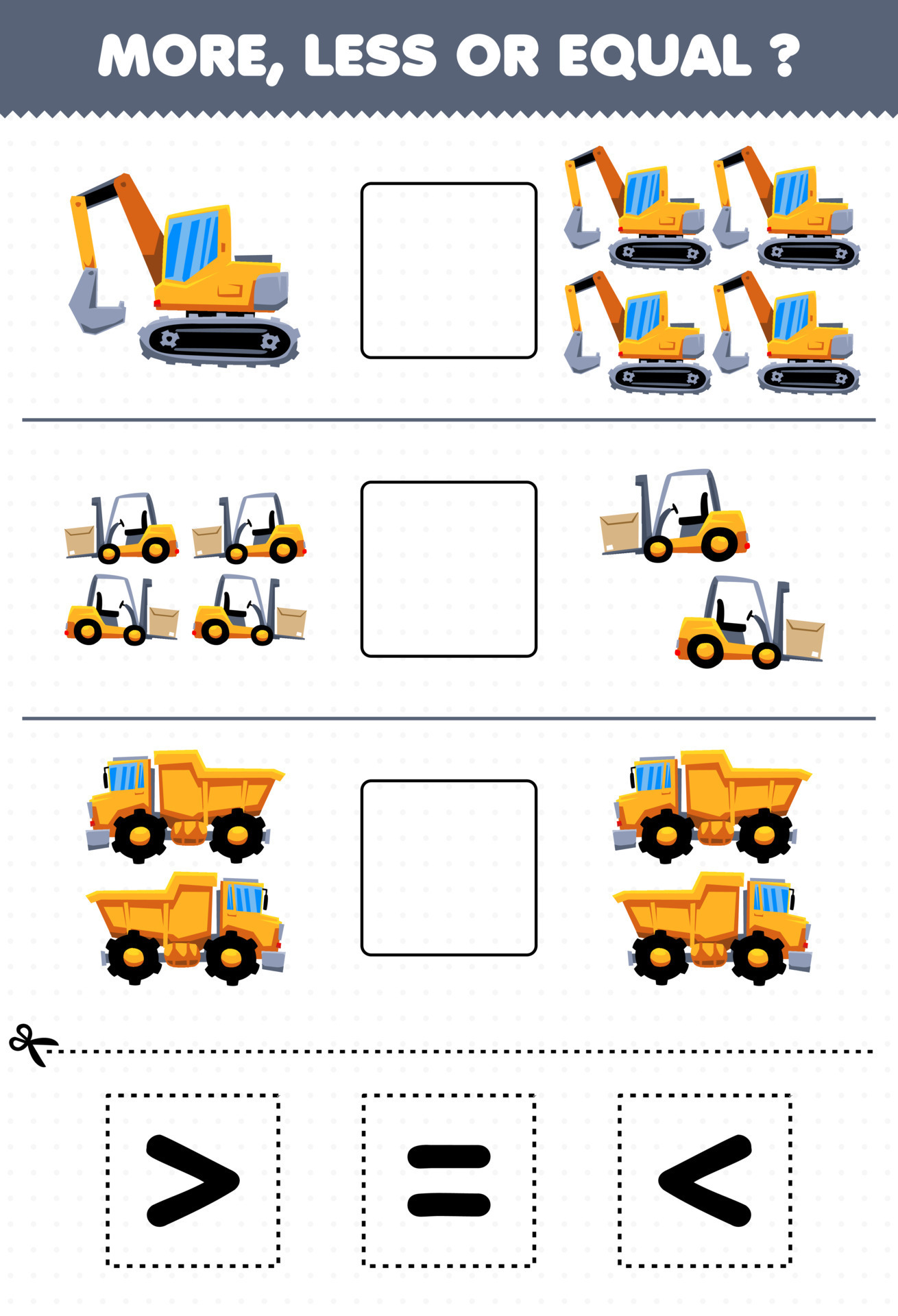 Jogo educativo para crianças pesquisando e contando atividade para  pré-escola quantas máquinas pesadas de transporte escavadeira concentrador  caminhão basculante