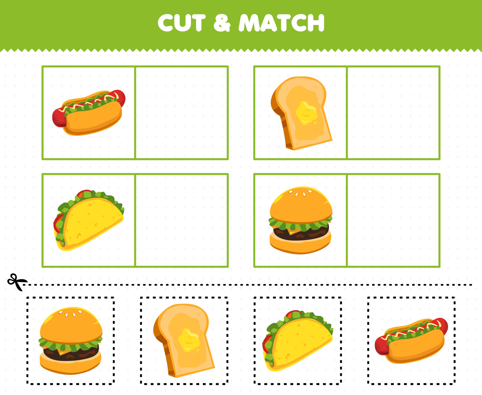 jogo educativo para crianças cortar e colar partes cortadas de batatas  fritas de hambúrguer de comida de desenho animado fofo e colá-las planilha  imprimível 9467728 Vetor no Vecteezy