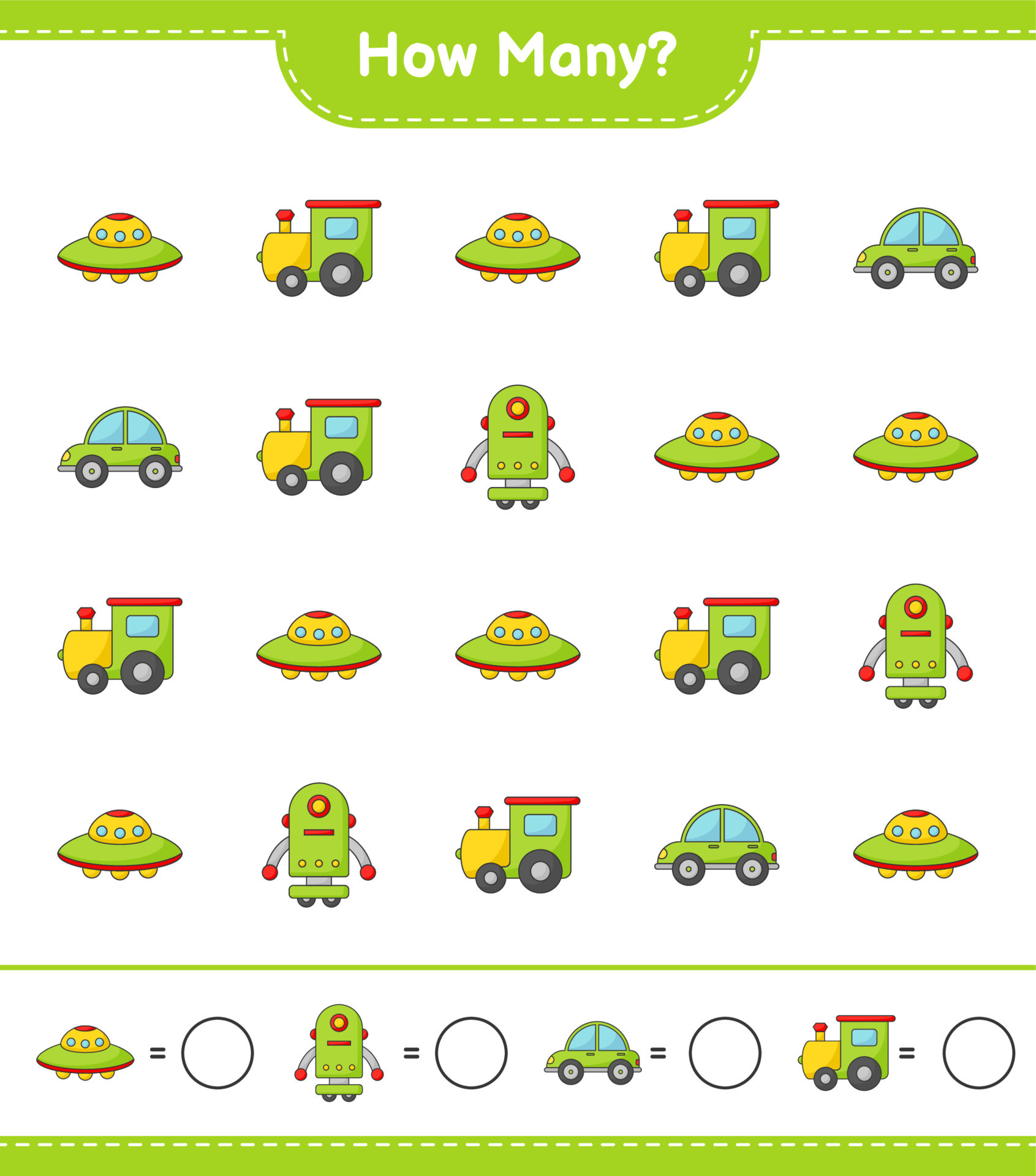 jogo de contagem, quantos trem, personagem robô, carro e ufo. jogo  educativo para crianças, planilha para impressão, ilustração vetorial  9978994 Vetor no Vecteezy