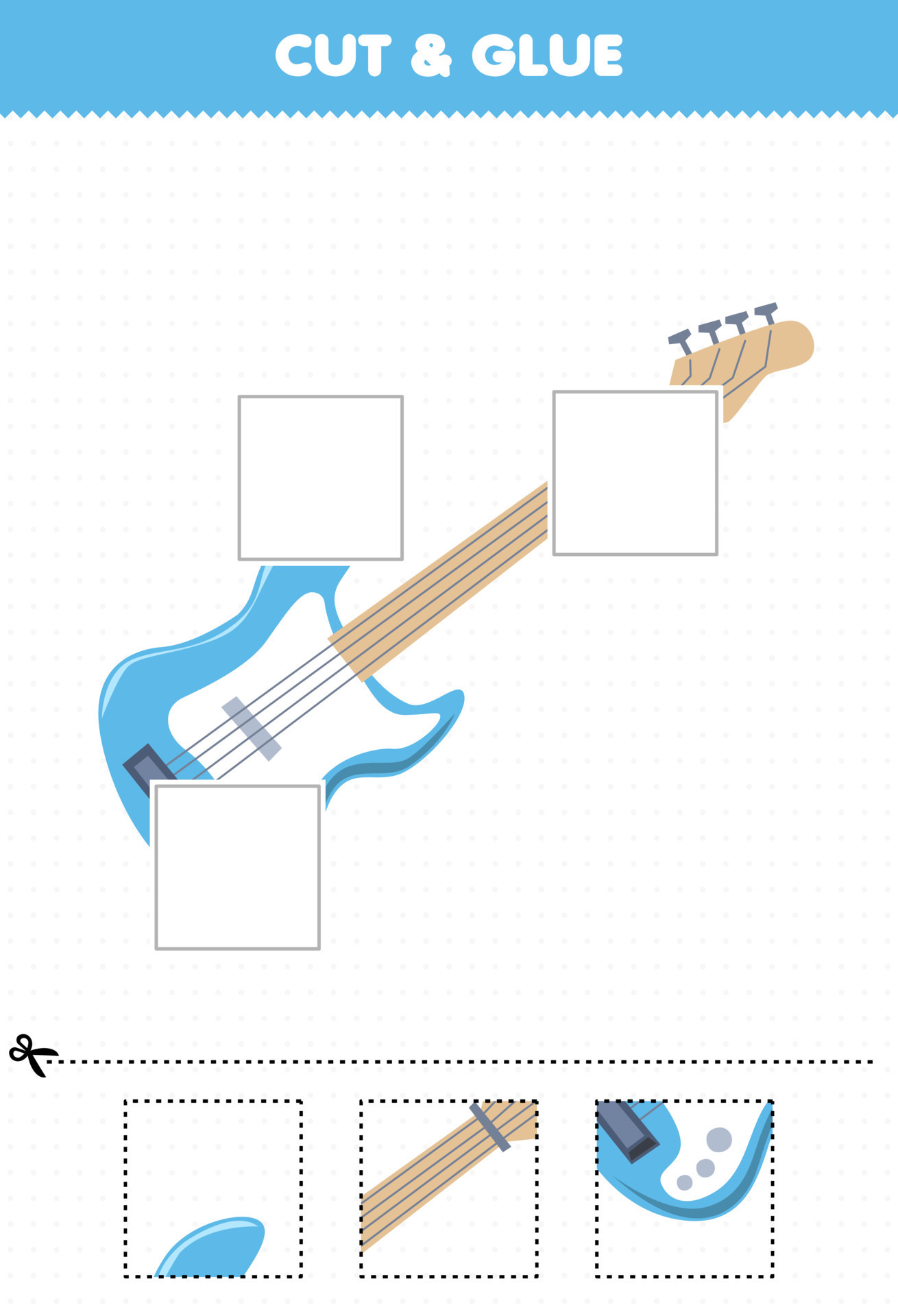 Jogo de educação para crianças conectar a mesma imagem de instrumento de  música de desenho animado harpa bongo teclado ukulele planilha imprimível