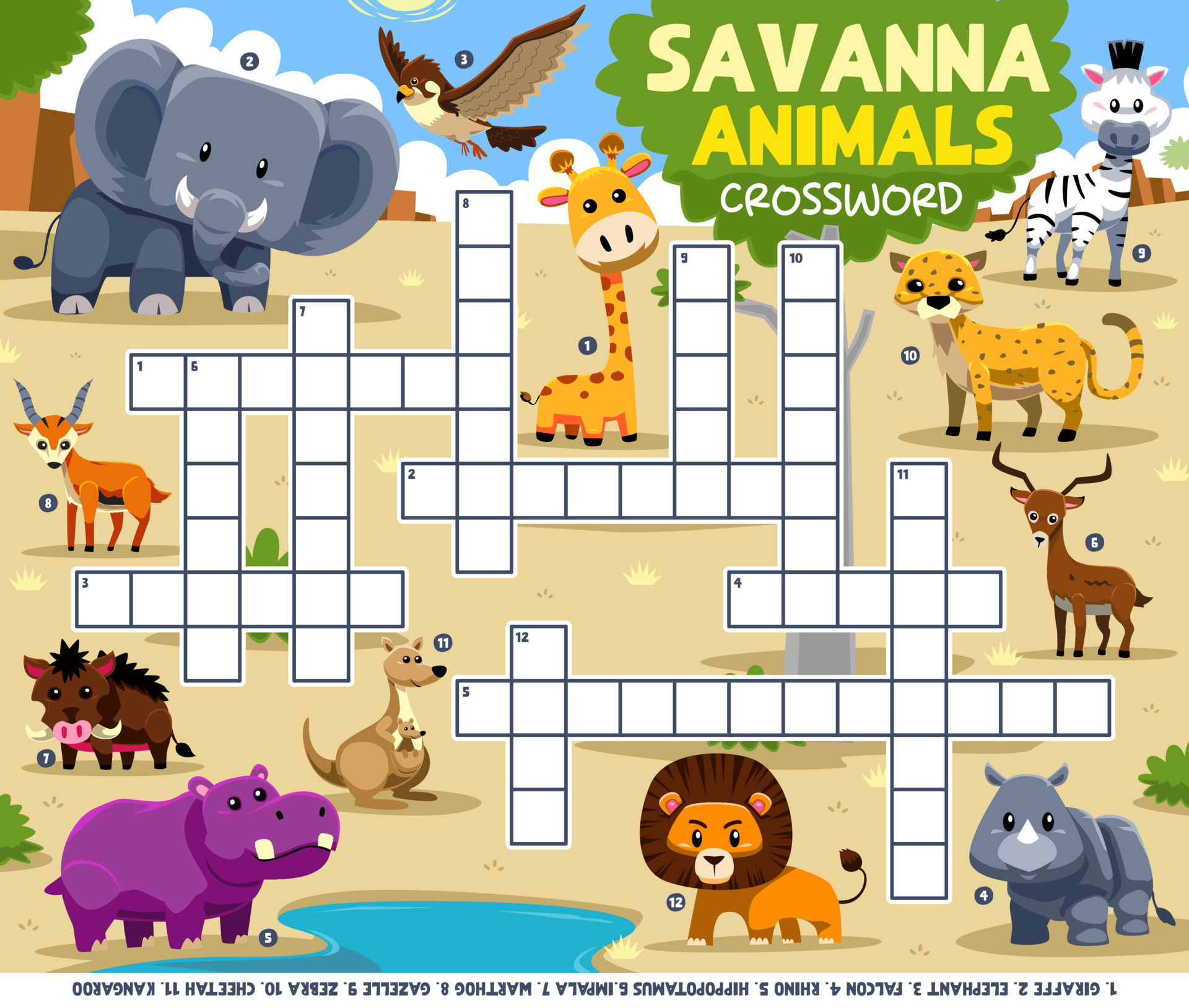 Palavras cruzadas de jogo de educação para aprender palavras em inglês com  planilha para impressão de imagens de animais de savana bonitos dos  desenhos animados 9989870 Vetor no Vecteezy