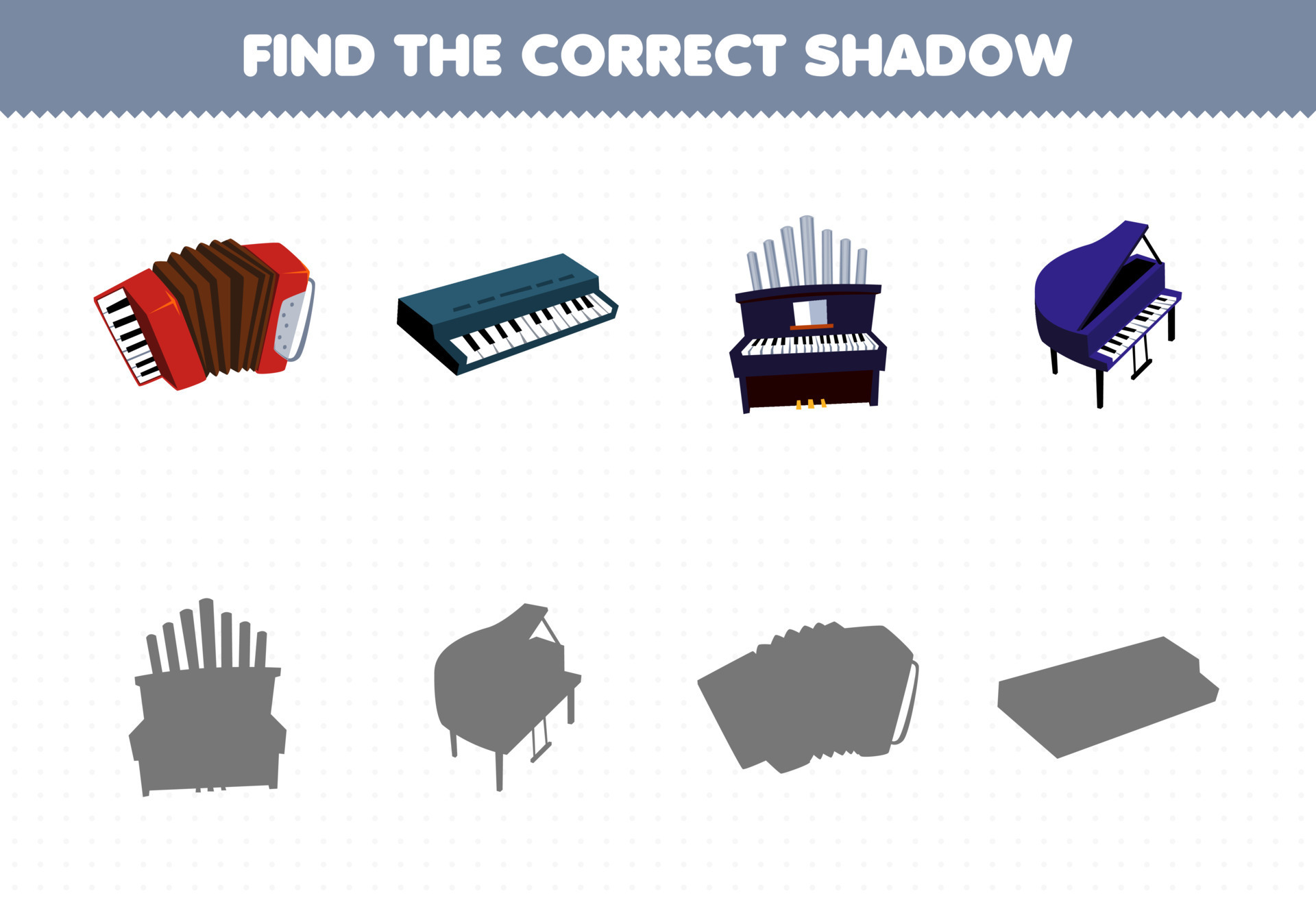 jogo de educação para crianças encontrar o conjunto de sombra correto de  instrumento de música de desenho animado acordeão teclado órgão piano  9989996 Vetor no Vecteezy