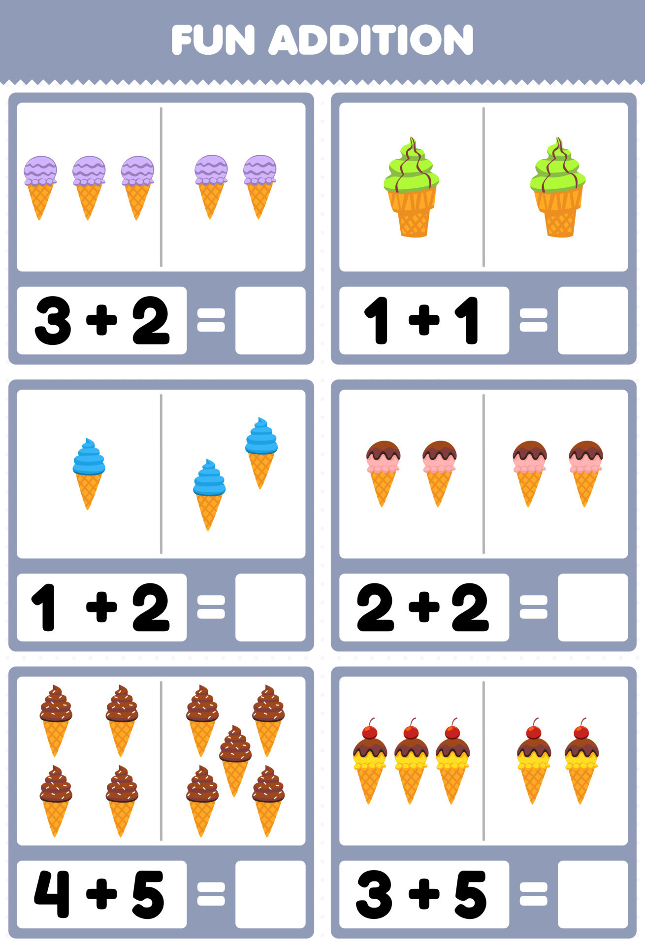 Jogo educativo para crianças adição divertida por contagem e escolha a  resposta correta da planilha imprimível de sorvete de comida de desenho  animado