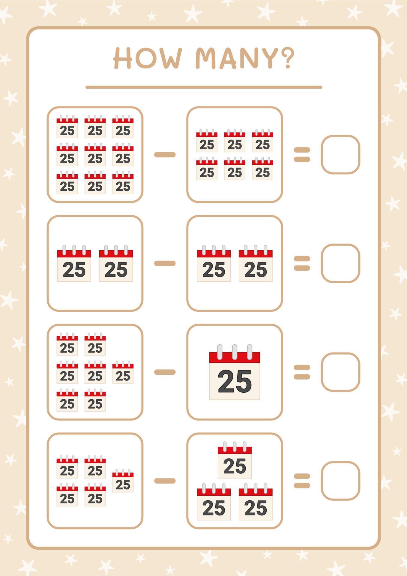 Quantos jogos de calendário para crianças planilha imprimível de ilustração  vetorial