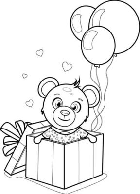 página para colorir. um urso bonito dos desenhos animados com flores,  presentes, balões e número 8 18792800 Vetor no Vecteezy