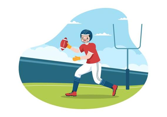 jogador de esportes de futebol americano com o jogo usa uma bola em forma  oval e é marrom na ilustração plana dos desenhos animados desenhados à mão  de campo 10865974 Vetor no