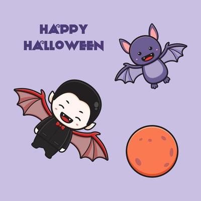 Personagem de desenho animado vampiro com fundo de halloween