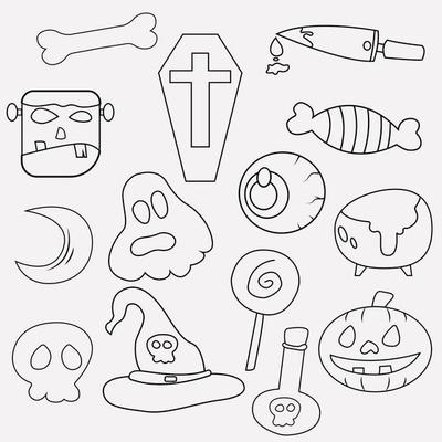 Elementos de contorno de halloween. ilustração vetorial de uma coleção de  desenhos animados de linha preta, fáceis de editar