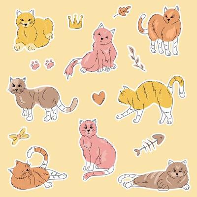 muitos gatos bonitos e coloridos. fundo de gatos. gatos fofos e engraçados  doodle conjunto de vetores. coleção de personagens de desenho animado de  gato ou gatinho em estilo plano em poses diferentes