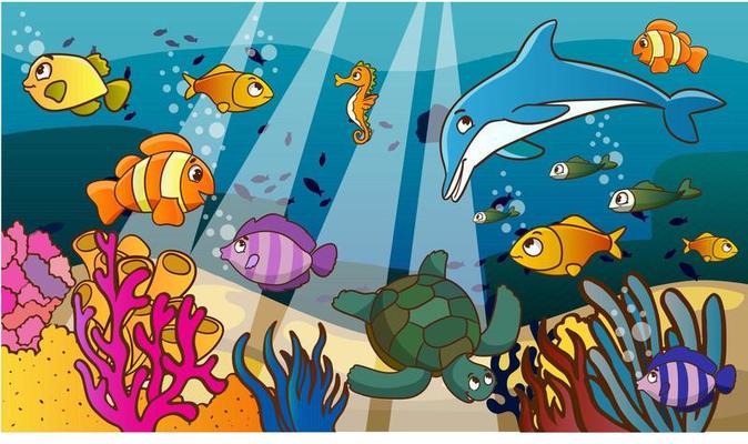 Paisagem subaquática dos desenhos animados com animais marinhos para fundo  de nível de jogo vetor mundo submarino oceano recife de corais água-viva  com estrela do mar golfinho ou caranguejo e cardume de