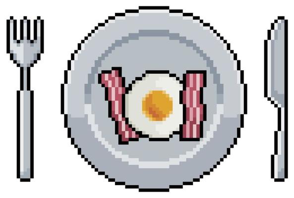 Placa de pixel art com bife, ovo frito e ícone vetorial de talheres para  jogo de 8 bits em fundo branco