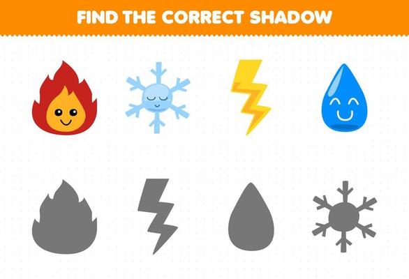 O jogo educacional para crianças encontra a silhueta de sombra correta de  um desenho animado fofo, floco de neve, trovão, água, fogo, gelo, planilha  de natureza imprimível