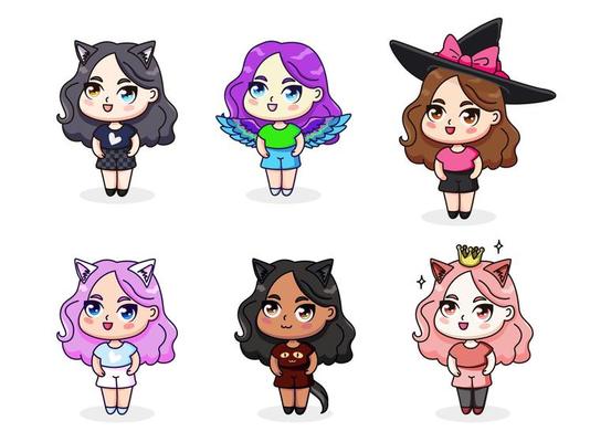 Garota de moda chibi isolada, personagem de desenho animado kawaii com  cabelo rosa e roupa de cor doce