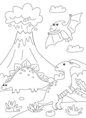 bela página de colorir de dinossauro para crianças. pintados à mão em  estilo cartoon com uma bela imagem para colorir. Parque jurassico. paisagem  pré-histórica imprimível. 9990767 Vetor no Vecteezy