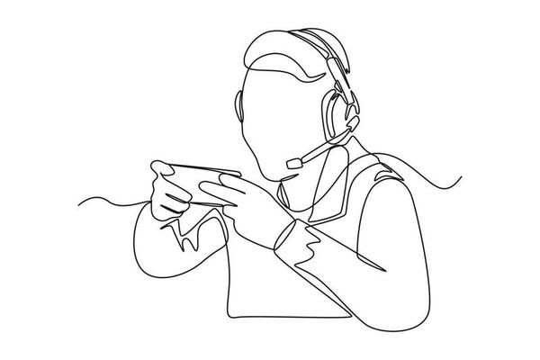 única linha desenhando uma jovem feliz usando fone de ouvido jogando  videogame online em seu smartphone. conceito de jogo de esportes  eletrônicos. ilustração em vetor gráfico de desenho de desenho de linha