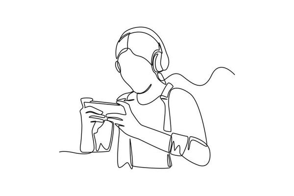 única linha desenhando uma garota feliz usando fone de ouvido jogando  videogame online em seu computador.