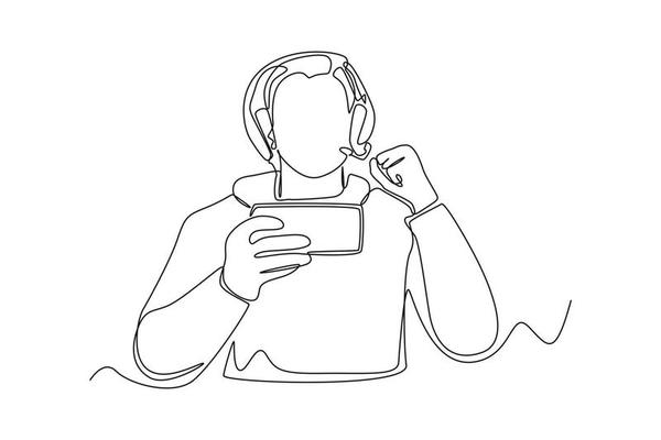 Um homem jogando jogos online em um smartphone desenho de uma linha de jogos  online