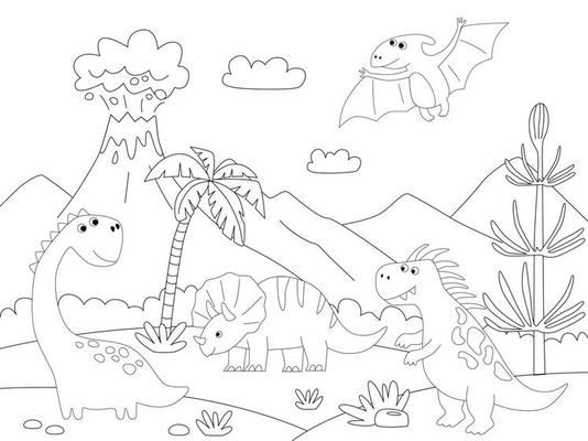 bela página de colorir de dinossauro para crianças. pintados à mão em  estilo cartoon com uma bela imagem para colorir. Parque jurassico. paisagem  pré-histórica para impressão. 9990768 Vetor no Vecteezy