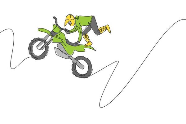 desenho de uma linha contínua jovem piloto de motocross monta moto