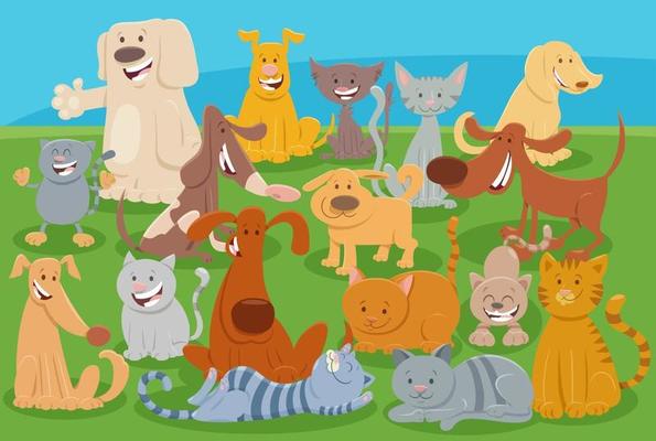 Desenhos animados cães e gatos grupo de personagens de animais em quadrinhos