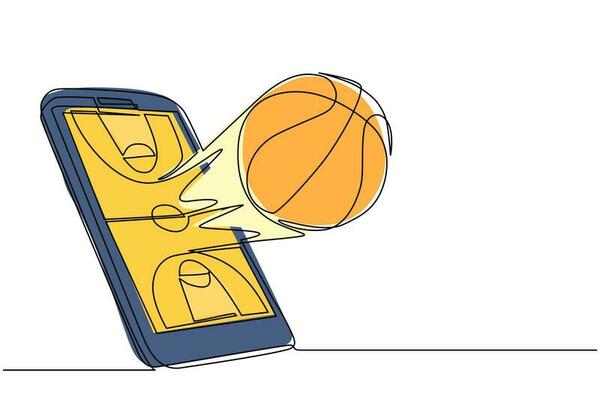 smartphone de desenho de linha contínua com quadra de basquete de  aplicativo e bola de basquete.