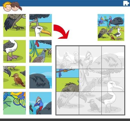 Jogo de quebra-cabeça com pássaros engraçados, personagens animais