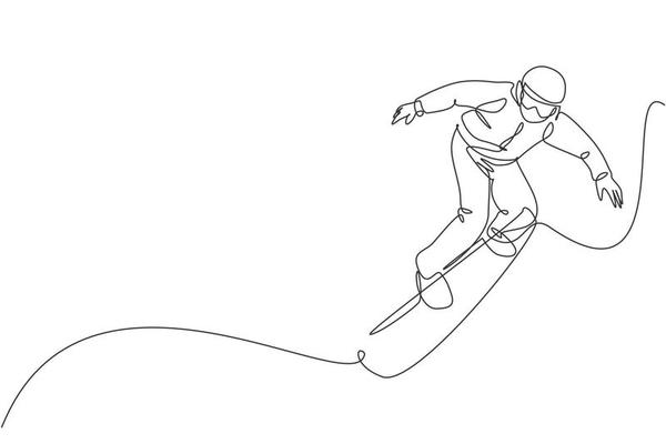 Uma Única Linha De Desenho Jovem Enérgico Snowboarder Homem
