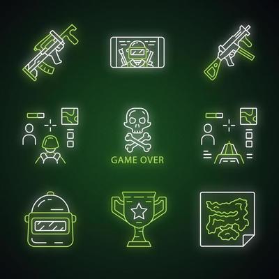 conjunto de ícones de glifo de inventário de jogos online. esports. arma,  arma, 3d e de tiro em primeira pessoa, game over, mapa, troféu, capacete,  jogo para celular. símbolos de silhueta. ilustração